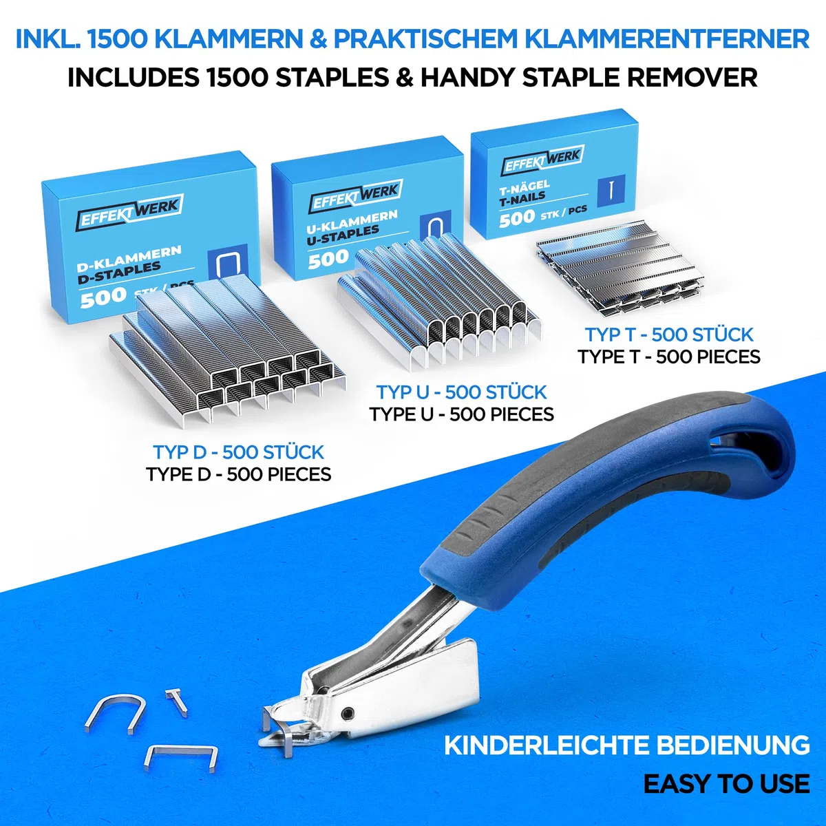 Tacker für Holz - Handtacker - 5 in 1 Tacker Set - Schwerlast Tacker mit 1500 Klammern und Klammerentferner - für Holz, Stoff, Drahtgeflecht - Bau, Handwerk, Polsterarbeiten