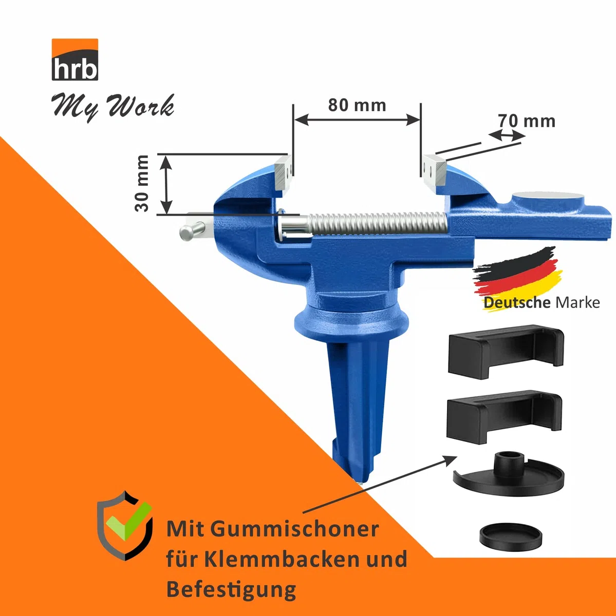 HRB Schraubstock 70 mm klemmbar für Werkbank, Schraubstock klein und drehbar massiv gefertigt mit Hammerschlaglackierung versehen, Feinmechanikerschraubstock