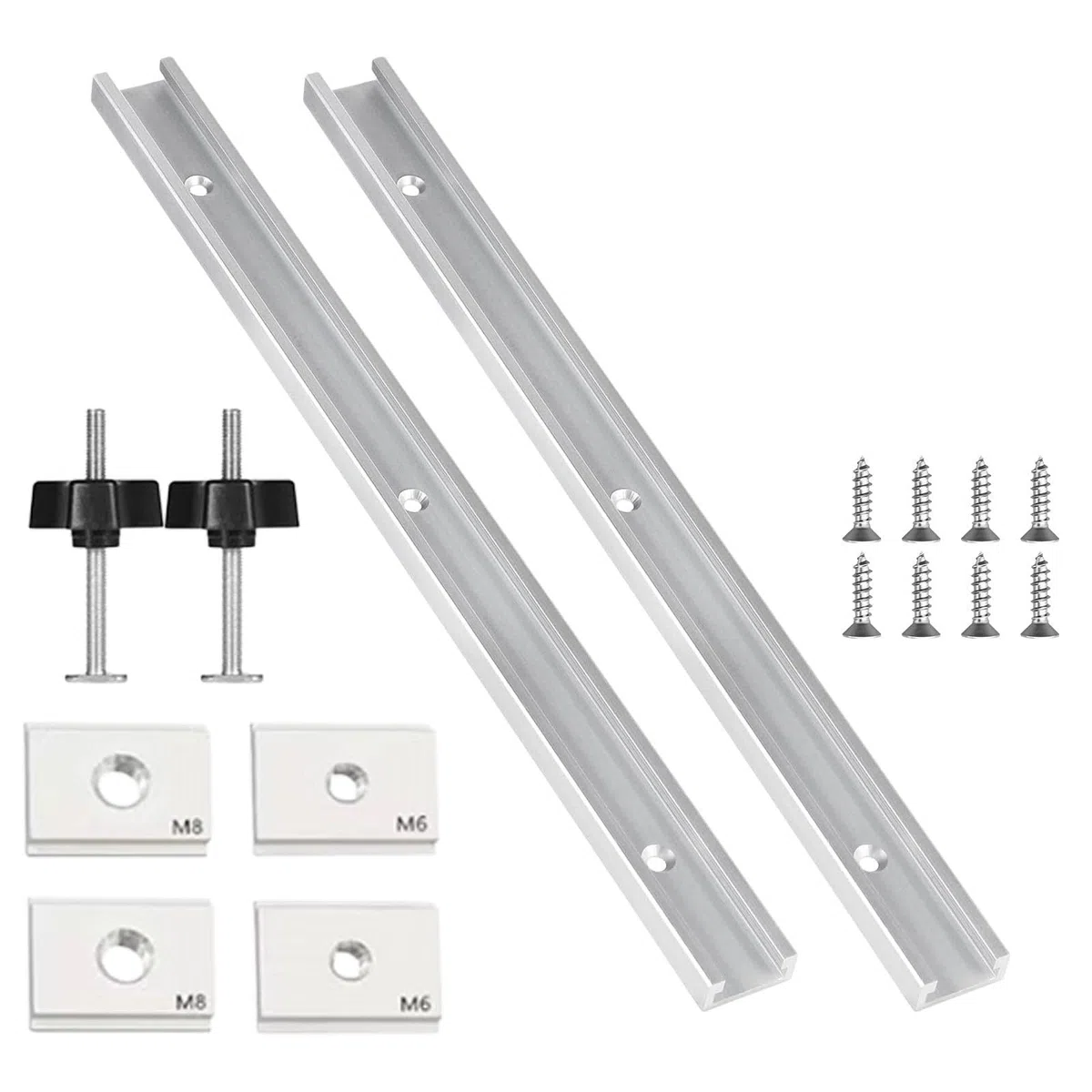 2 Stück 400mm T Nut Schiene aus Aluminiumlegierung, T-Track Gleitschiene mit Schrauben, T Nut Gleitschiene Gehrungsschiene Set für Holzbearbeitung, Enthält 2 M8 Griff 2 M6 und 2 M8 Gleitblock