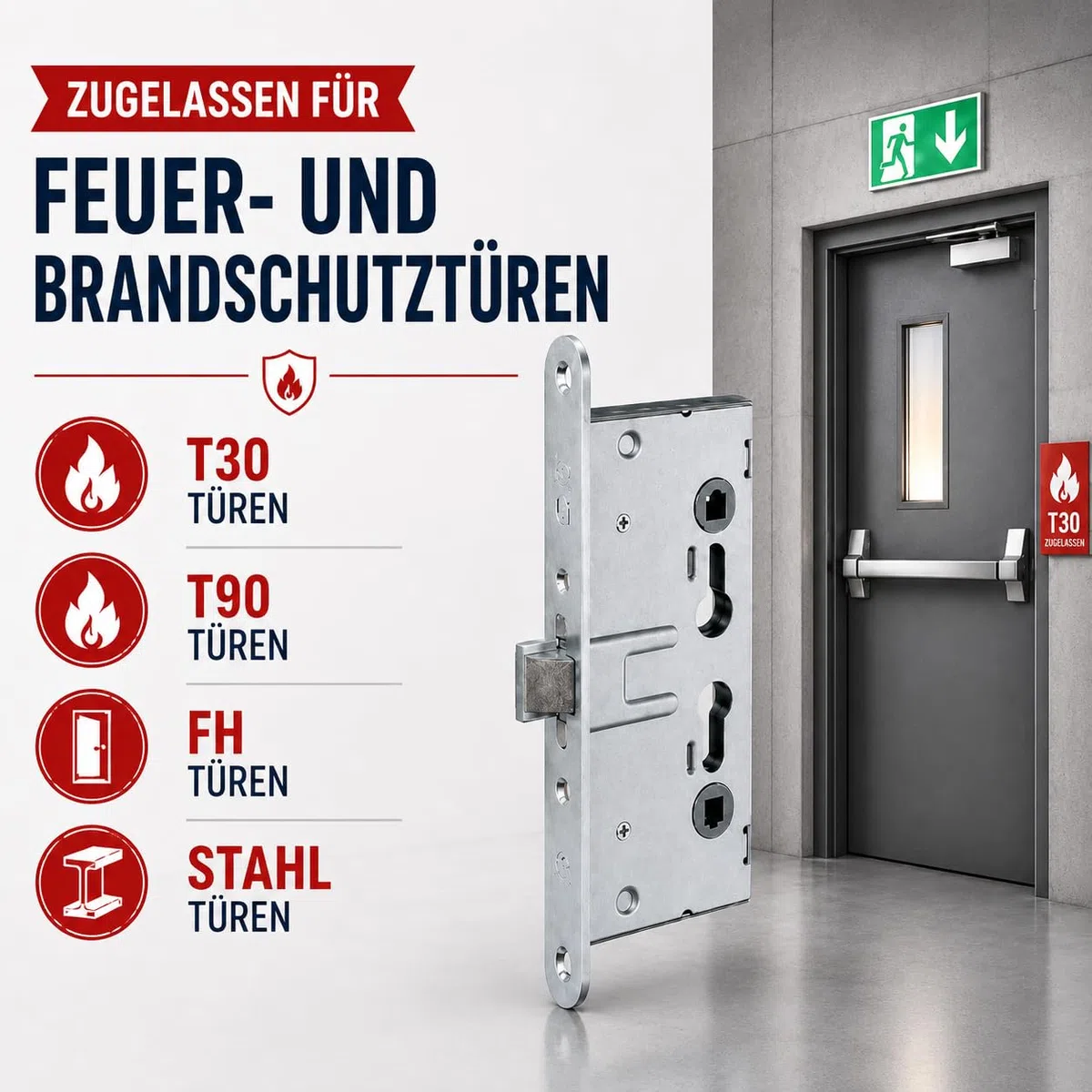 FH-Einsteckschloss 65/72/9 für Brandschutz- & Stahltüren, T30/T90, DIN links/rechts, Dornmaß 65 mm, Entfernung 72 mm, Vierkant 9 mm, Stulp 24 x 235 mm, verzinkt - Hersteller ISEO