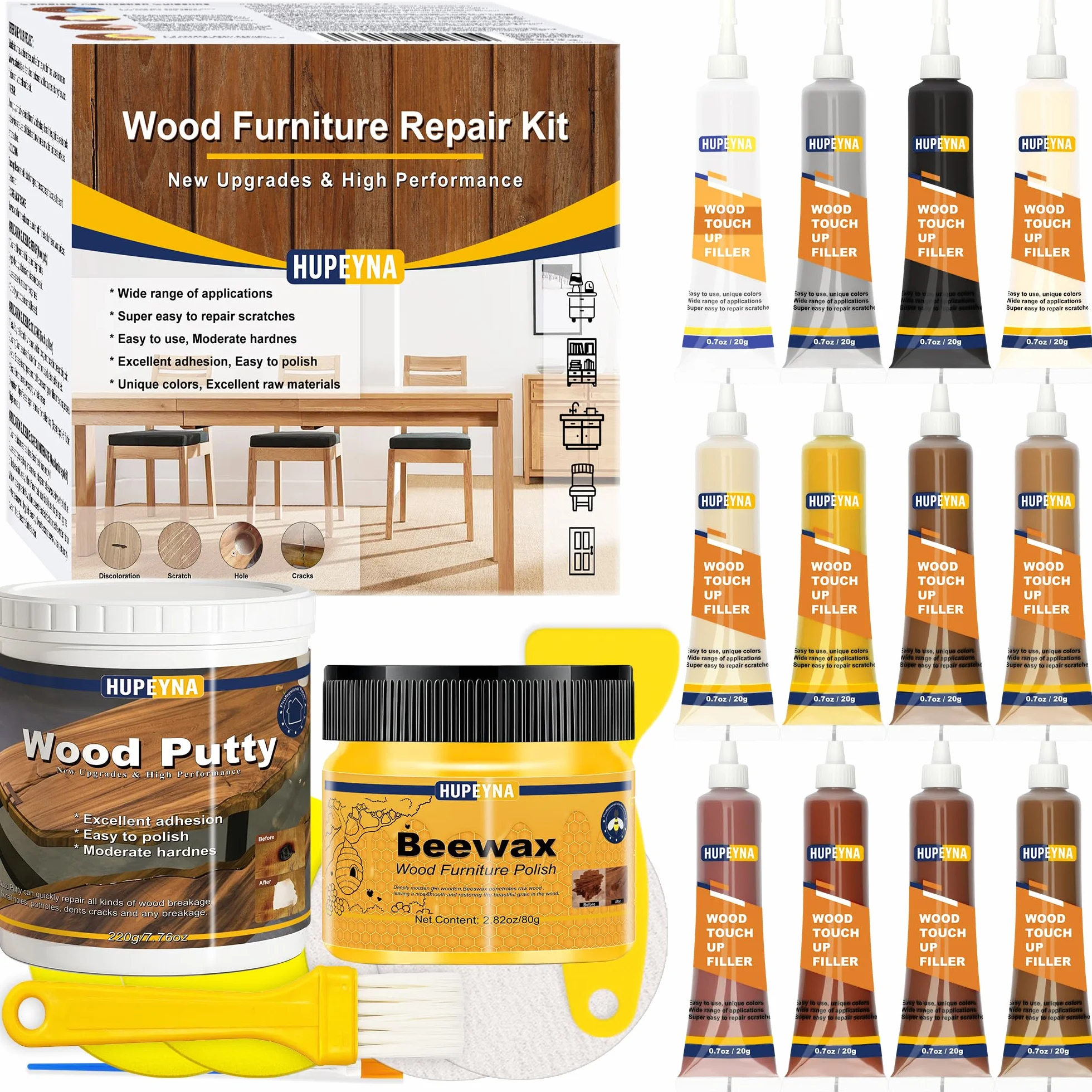 Laminat Holz Parkett Reparaturset, Holzkitt Holzspachtelmasse und Bienenwachs, Möbel Reparatur Set, Reparatur von Kratzer, Risse, Löcher, Verfärbungen für Holzböden, Tisch, Treppen, Tür, Schrank uvm