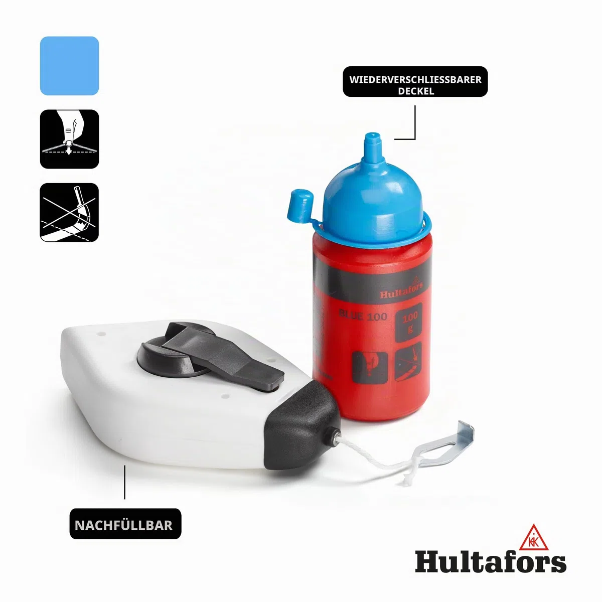 Hultafors Schlagschnur Set 30m inkl blauer Kreide (100g) I 1mm Dicke Schlagschnur I Für Innen- & Außenbereiche I Wasser-& Windresistente Farbe I 660103