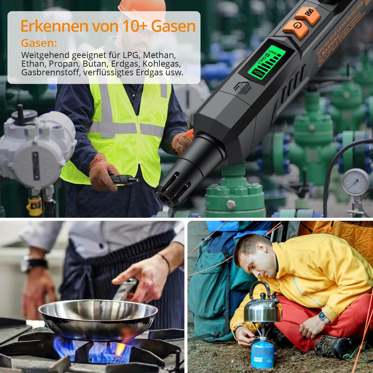 Neoteck Gasmelder Gaslecksuchgerät mit Visuellem und Akustischem Alarm Tragbarer Gasdetektor zum Aufspüren von brennbaren Gasleckquellen wie Methan, Propan für zu Hause