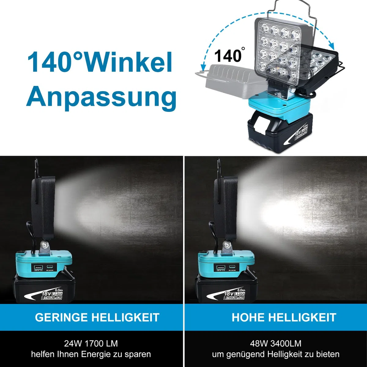 Akku Lampe Für Makita 18v, 48W Kabellose Led Arbeitsleuchte Akku, Hell Led Strahler Tragbares Flutlichter Baustellen Lampe,Akku Scheinwerfer mit Typ C und USB-Aufladung (No Akku)