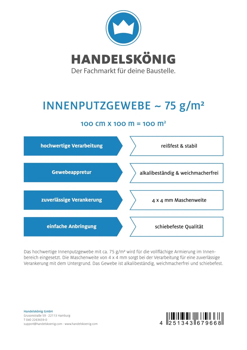 Handelskönig Innenputzgewebe 75 g/m² Putzgewebe 100 cm x 100 m = 100 qm Gittex Armierungsgewebe Innenputz Putz Gewebe
