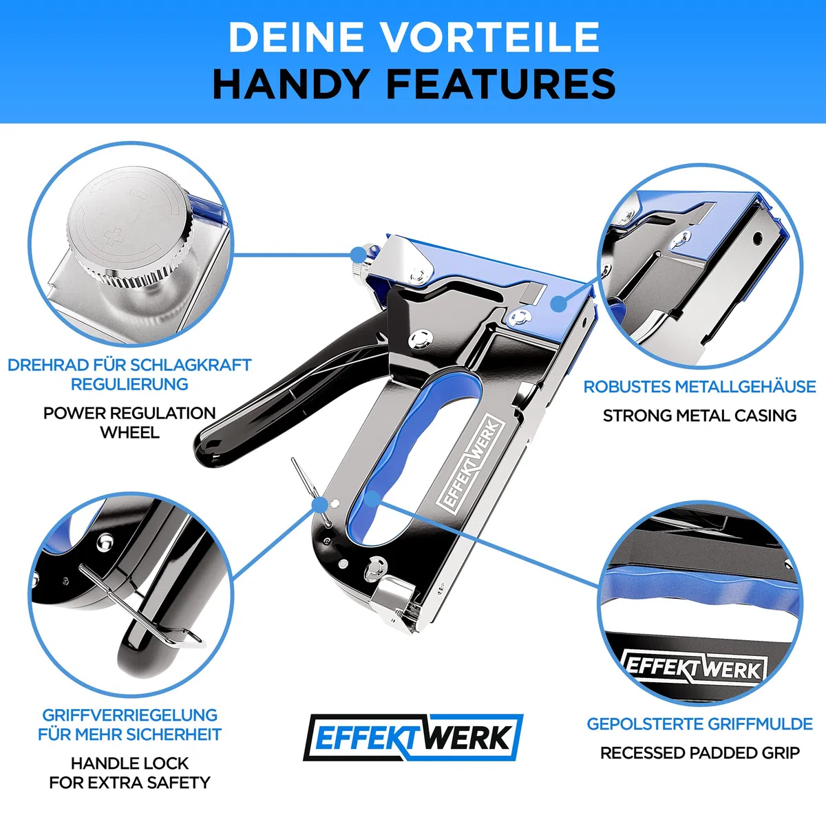 Tacker für Holz - Handtacker - 5 in 1 Tacker Set - Schwerlast Tacker mit 1500 Klammern und Klammerentferner - für Holz, Stoff, Drahtgeflecht - Bau, Handwerk, Polsterarbeiten