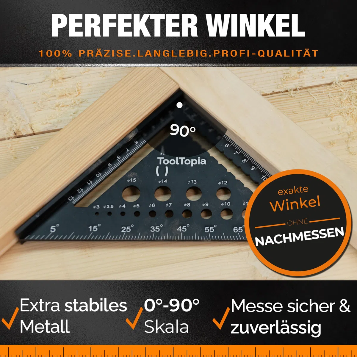Zimmermannswinkel 180mm – Präzises Anschlagwinkel Set mit Tieflochmarker, Exakter 90 Grad Tischlerwinkel als Werkzeug für Holzbearbeitung, Metall & mehr, Geschenk für Zimmerer, Schreiner & Heimwerker