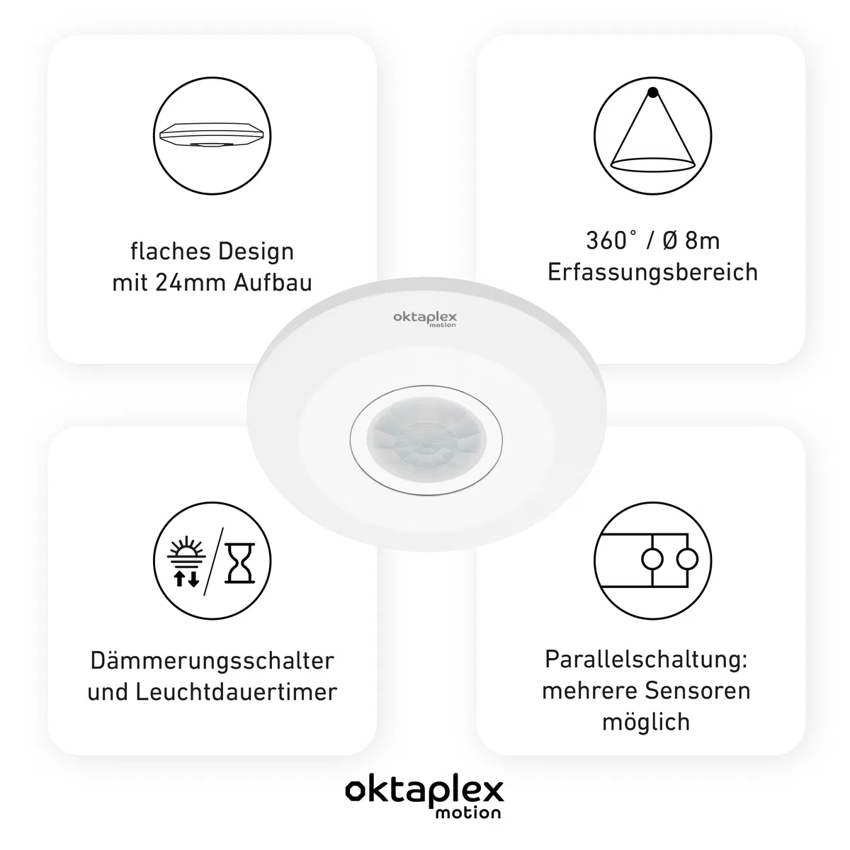Oktaplex Ina Bewegungsmelder Innen 360 Grad 8m Reichweite LED geeignet weiß Aufputz 230V mit Dämmerungssensor