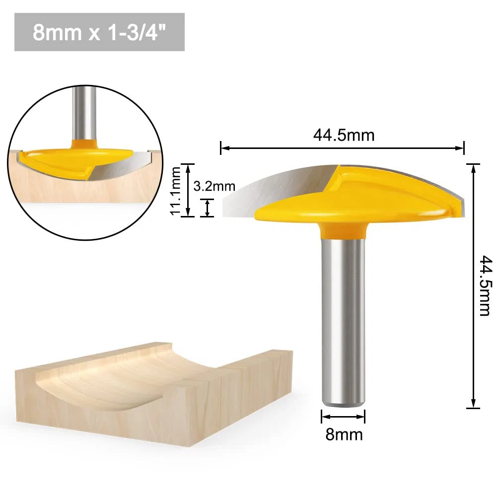 Horizontaler Kronenfräser mit 8 mm Schaft, Kronenkappen-Fräser, Fräser für kleine Schüsseln (1-3/4" Breite, 1-1/2" Radius)