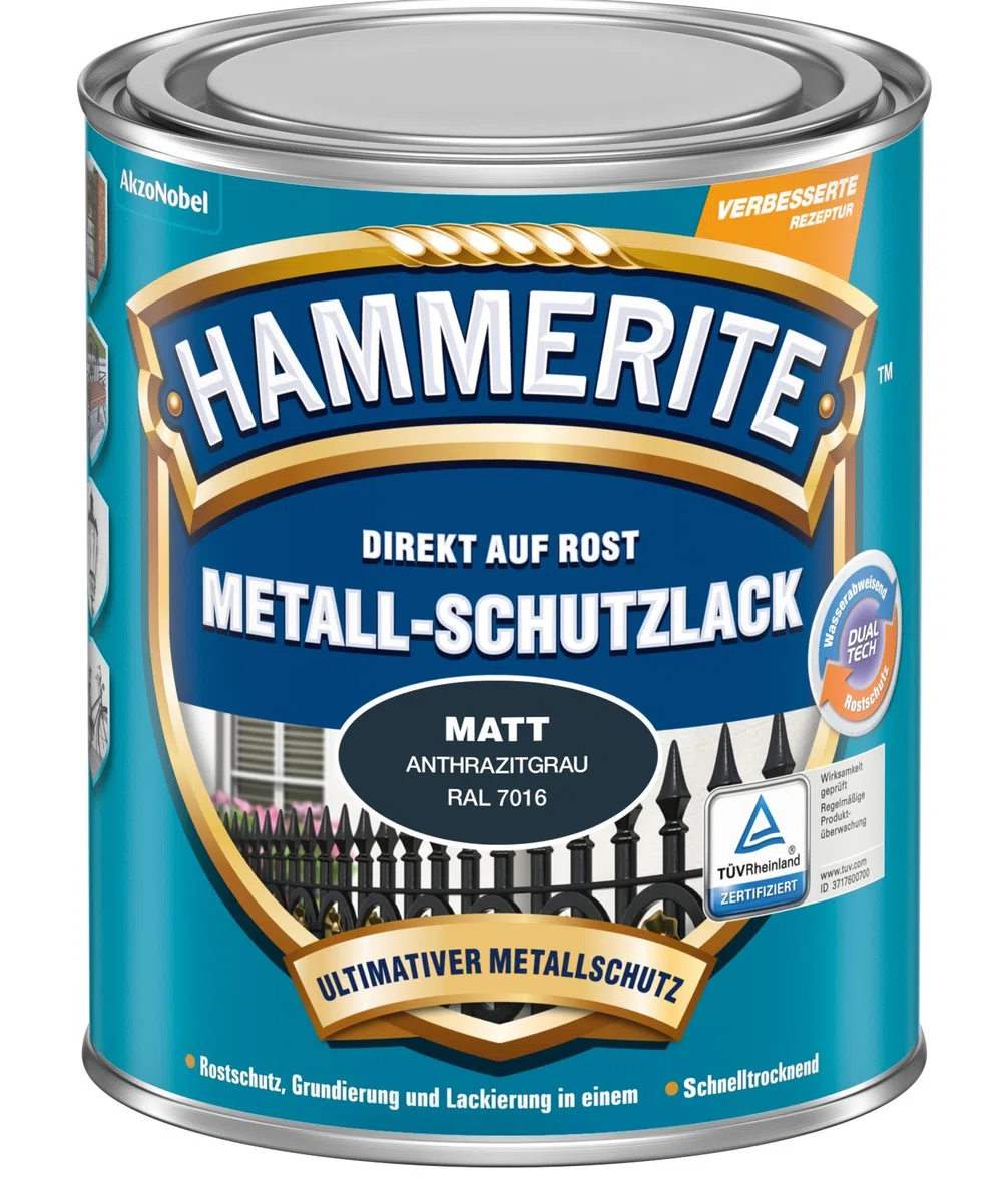 Hammerite Metallschutzlack Matt, 3in1 - Rostschutz, Anthrazitgrau, 750 ml