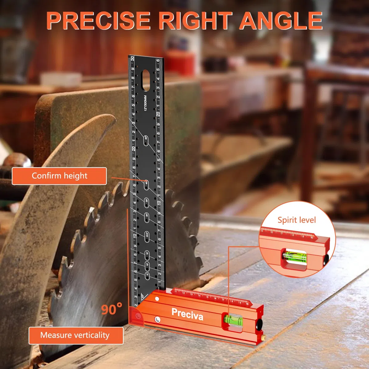 Preciva 300 mm Anschlagwinkel Streichmaß Hochpräzise und Aluminiumlegierung Zimmermannswinkel - Präzisionswinkel für die Holzbearbeitung, einschließlich Wasserwaage und Anreißer