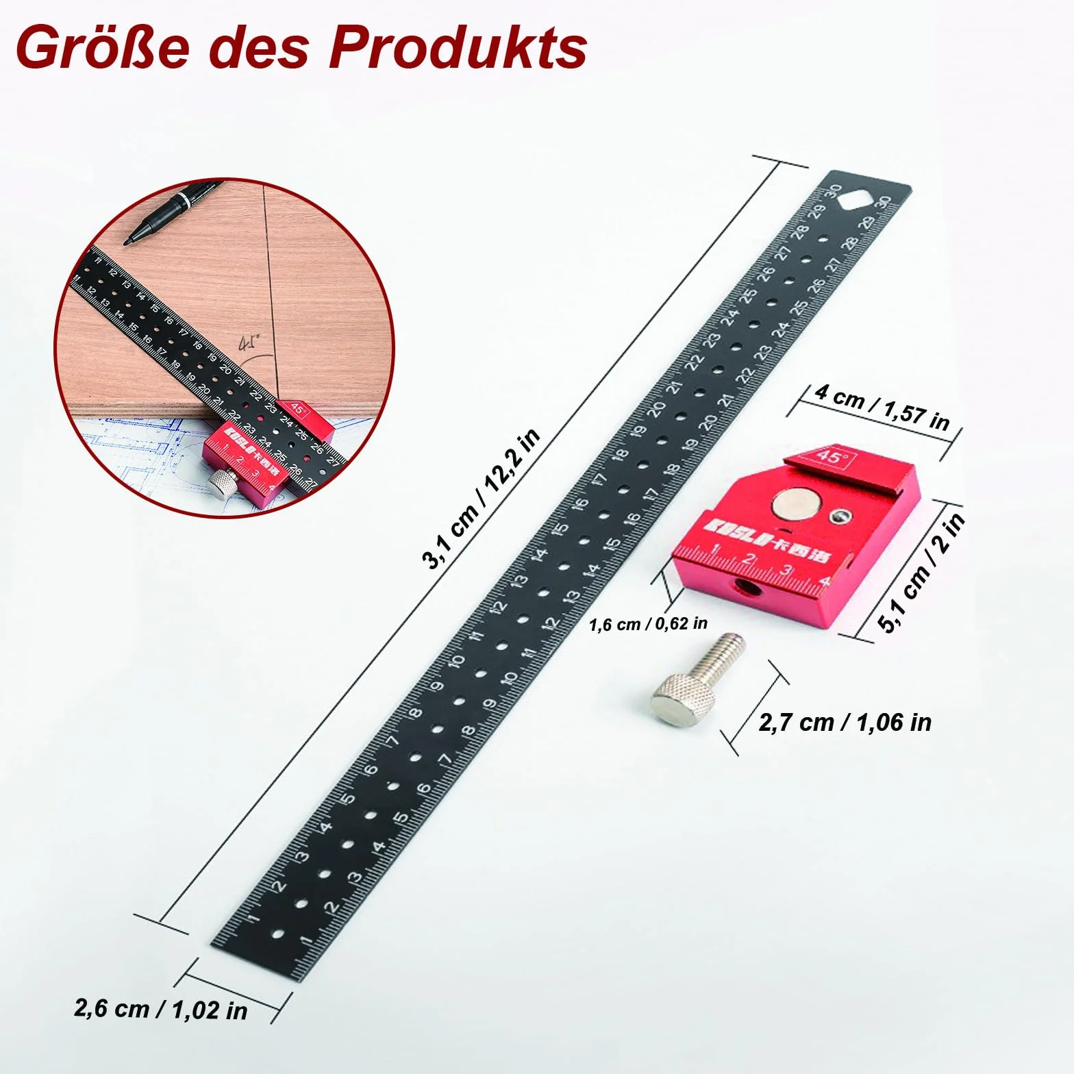 Streichmaß, Kombinationswinkel Anschlaglineal, Anreißlineal Edelstahl, Streichmaß Metall mit Anschlag, 30cm, Winkel Holzbearbeitungswerkzeug für Holzbearbeitung
