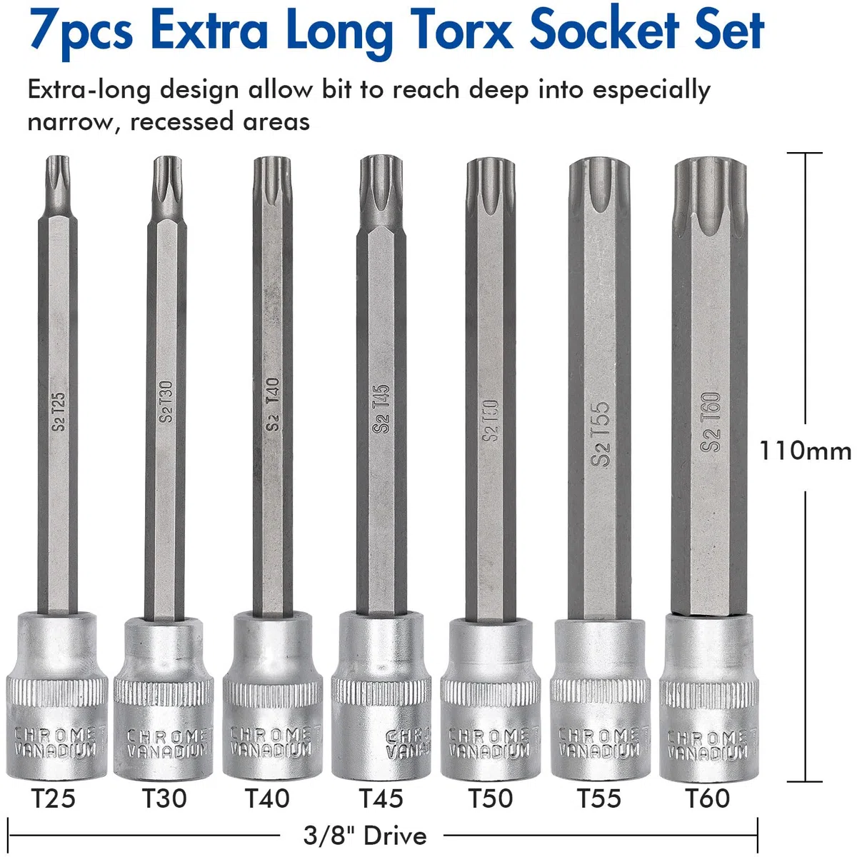 DAKCOS 7tlg langes Torx Bit Steckschlüsselsatz 3/8", Torx Bit Socket Set T25 T30 T40 T45 T50 T55 T60