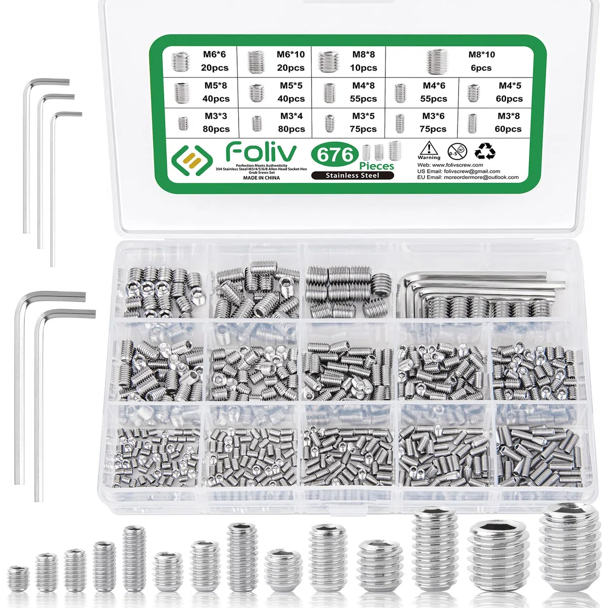 Foliv 676 Stück Madenschrauben Sortiment Set Edelstahl M3 M4 M5 M6 M8 Madenschrauben/Innensechskant Gewindestifte DIN 913,Sechskantkopf Schrauben mit Schraubenschlüssel für Türgriff, Türklinke