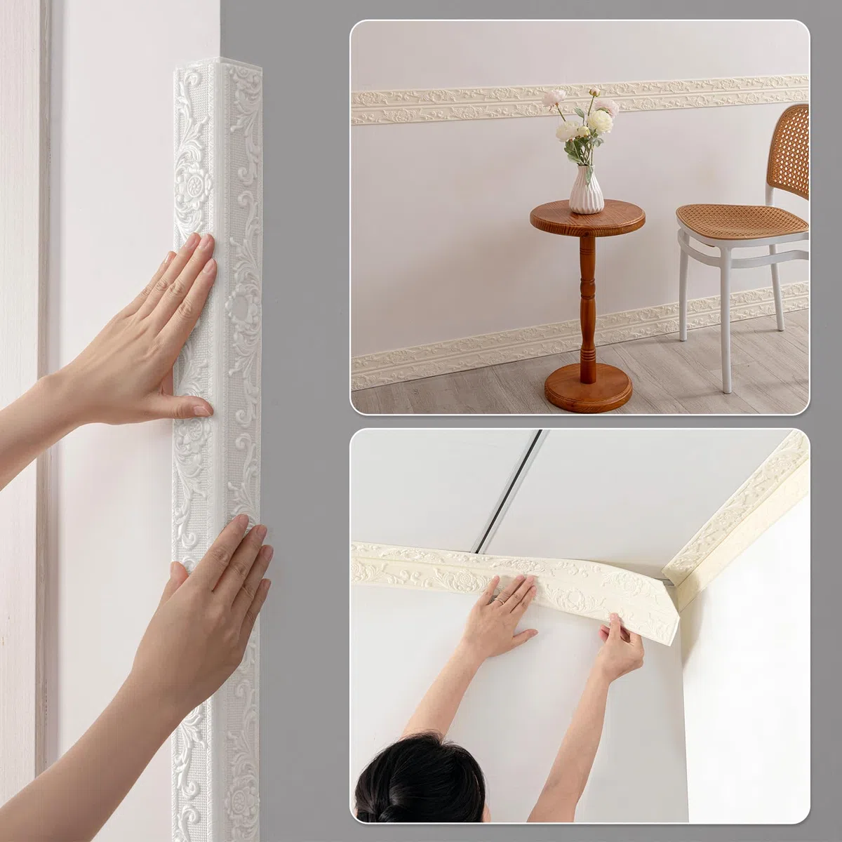 Bordüre Selbstklebend, Wandbordüre 4,5m x 10cm x 8mm, Rokoko-Stil Zierleisten, Wasserdicht 3D Tapetenbordüre für Flur, Decke, Ecke, Linie (Weiß)