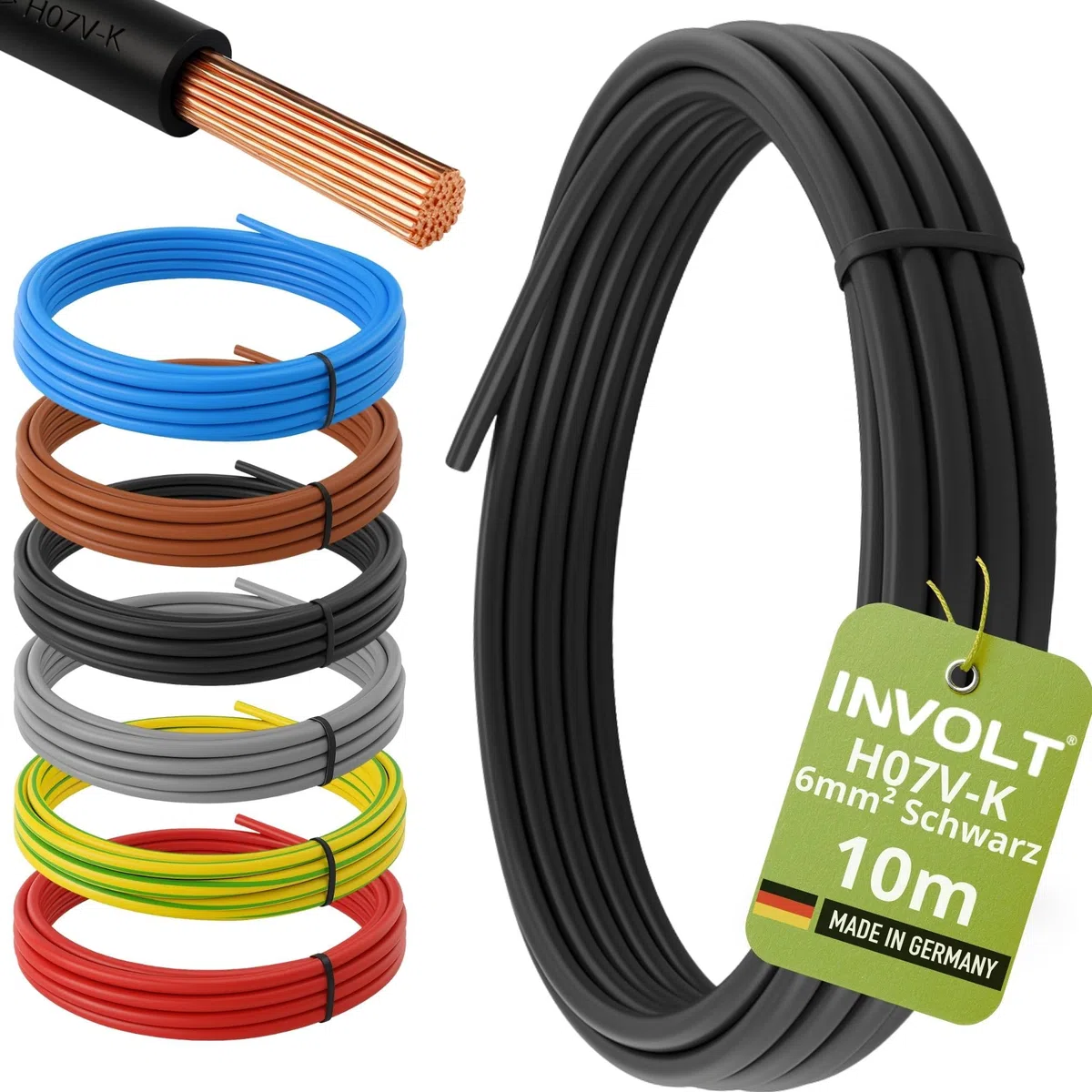 INVOLT H07V-K 10m 6mm² schwarz Aderleitung flexibel Verdrahtungsleitung PVC Meterware, Made in Germany
