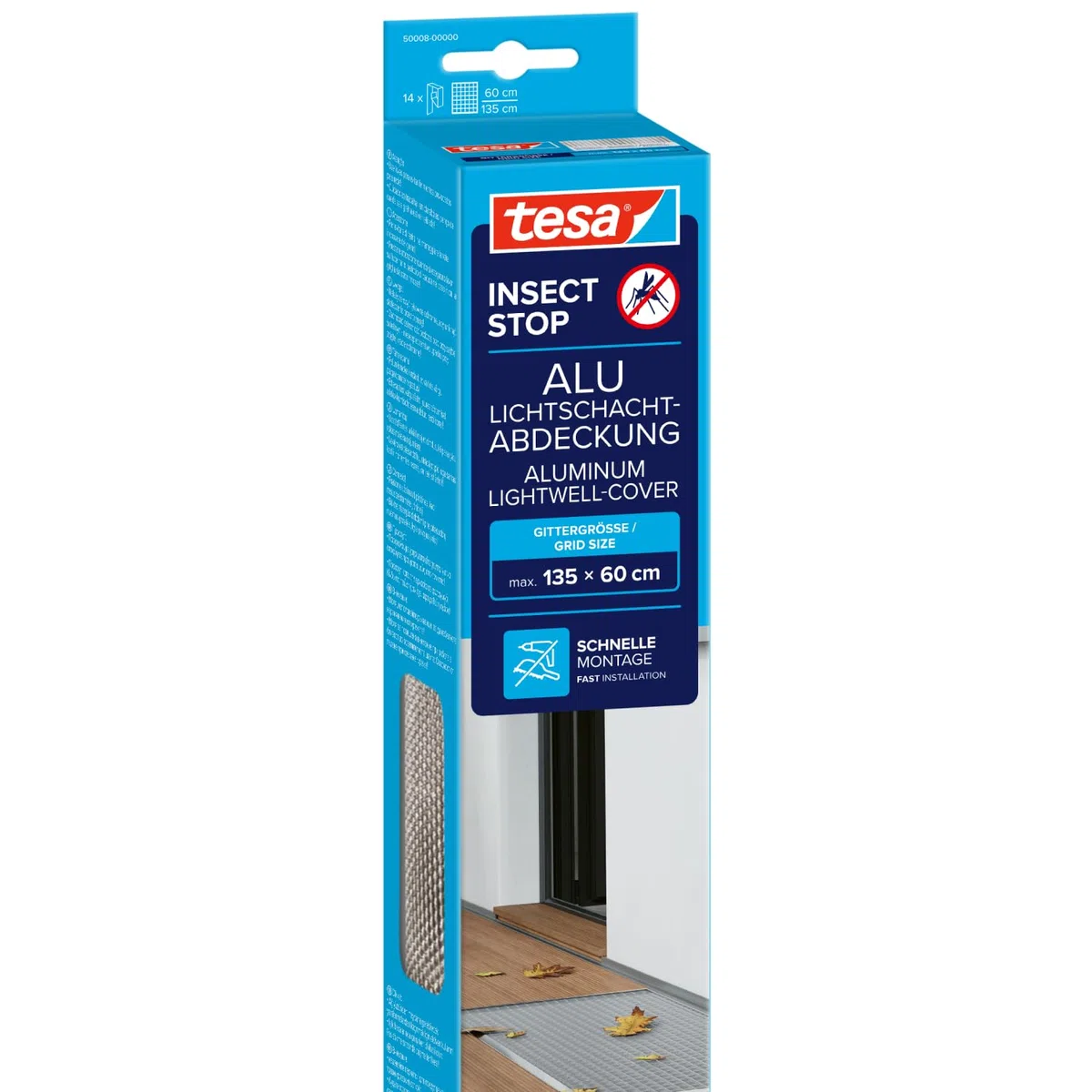 tesa INSECT STOP Alu Lichtschachtabdeckung - effektiver Schutz vor Insekten, Nagetieren und Schmutz für Kellerfenster, einfache Montage, witterungsbeständig 1,35m x 60cm
