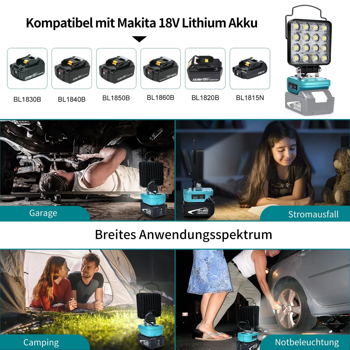 Akku Lampe Für Makita 18v, 48W Kabellose Led Arbeitsleuchte Akku, Hell Led Strahler Tragbares Flutlichter Baustellen Lampe,Akku Scheinwerfer mit Typ C und USB-Aufladung (No Akku)