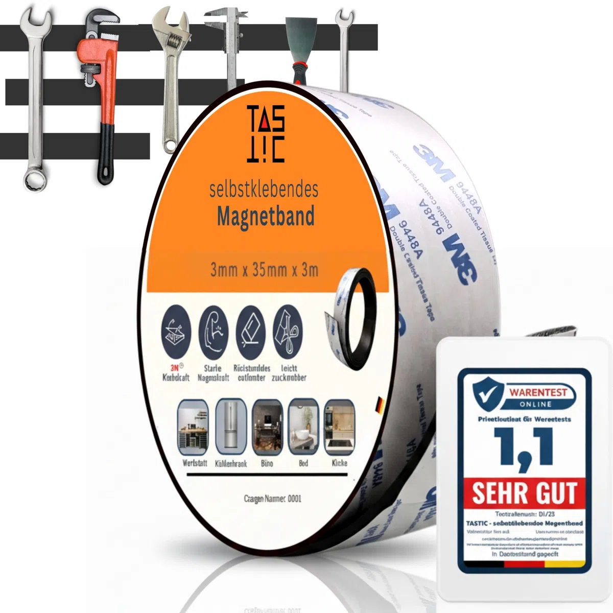 TASTIC - Selbstklebendes Magnetband 3mm x 35mm x 3m. Magnetklebeband selbstklebend extra dick und extra breit. Das Klebeband ist magnetisch, stark klebend und zuschneidbar