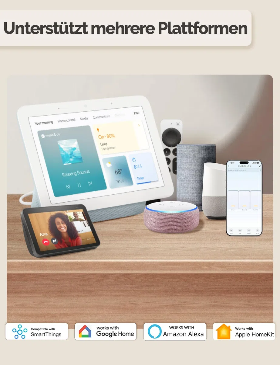 MOES Matter WLAN Lichtschalter, 1-Fach 1-Weg Touch Unterputzschalter mit konkavem Glasdesign & Ausschalt-Speicher, Kompatibel mit Apple Home/Alexa/Google Home/SmartThings, Neutralleiter erforderlich