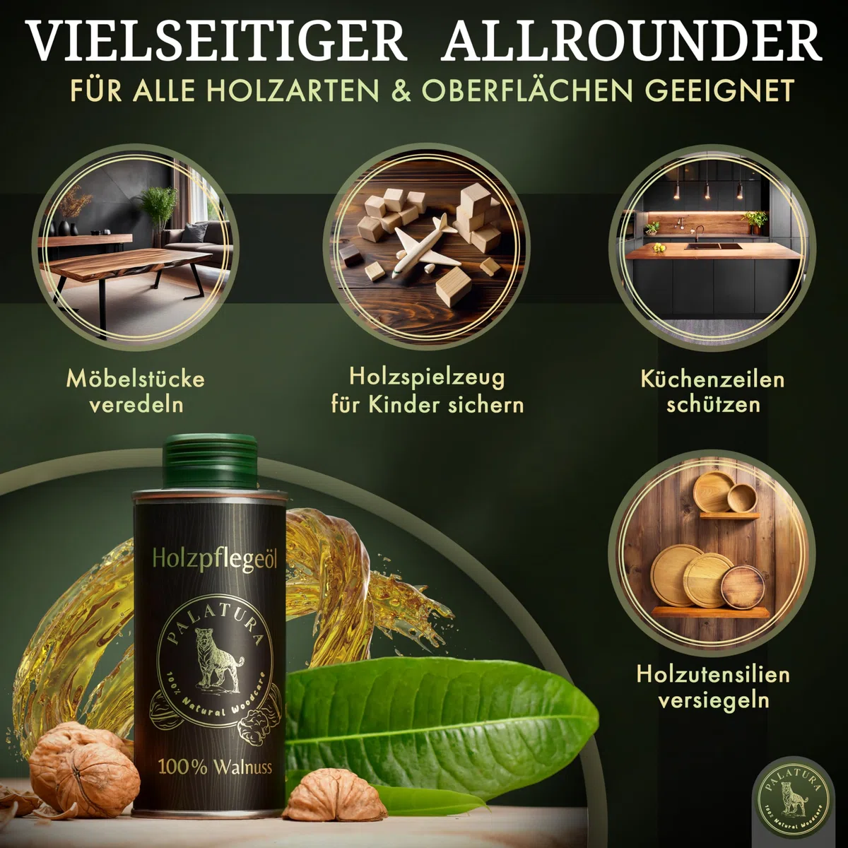 Walnussöl für Holz - Umweltfreundliches Holzöl für Außen & Innen - Lebensmittelecht, Tiefenwirksam, Schnelltrocknend, Seidiger Glanz, Langanhaltender Schutz - Angenehmer Nussiger Geruch