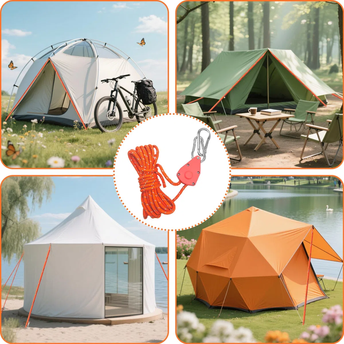 6 Stück Abspannseile mit Seilspanner,4m einstellbare seilratsche mit Haken,4mm Reflektierend Leichte Abspannleine Zeltschnur,für Campingzelte,Sonnensegel, Pflanzenlampe, Grow Light(Orange)