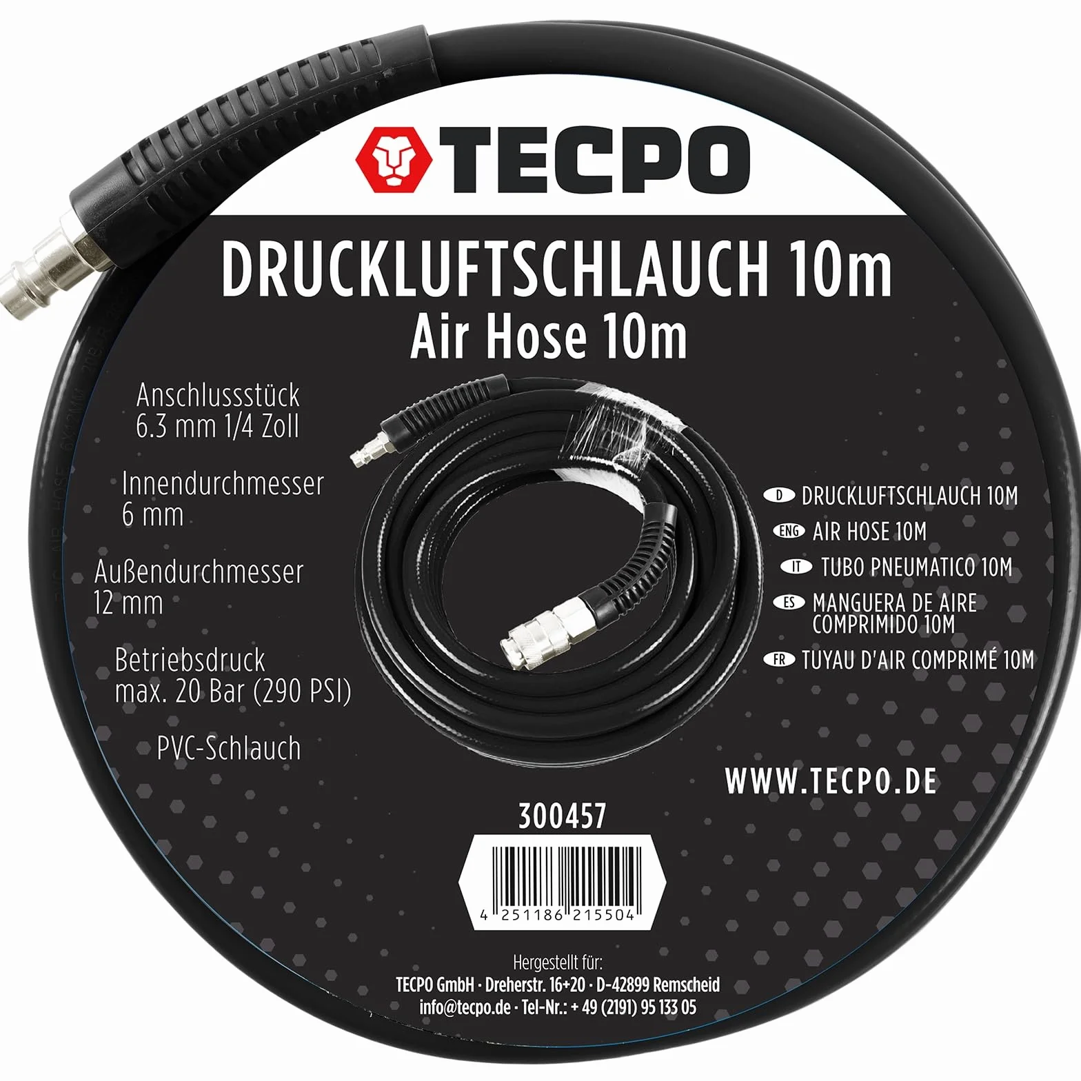 TECPO Druckluftschlauch 6/12mm, 10m lang, Luftschlauch 20 bar (290 psi) Arbeitsdruck, 1/4 Anschlussstück für Kompressor, Reifenfüller und Schlagschrauber
