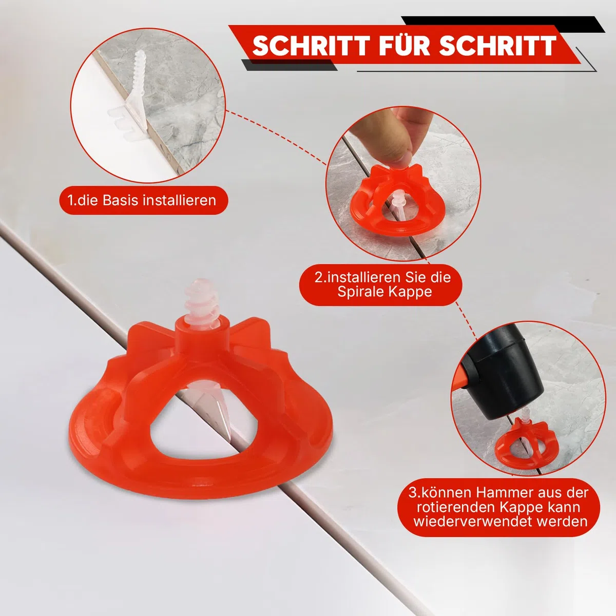 Fliesen Nivelliersystem 3mm Set, 300 Stück Gewindelaschen und 100 Stück Zughauben, Fliesen Werkzeug Fliesenverlegehilfe für professionelle Keramikfliesen und Stein DIY Installation