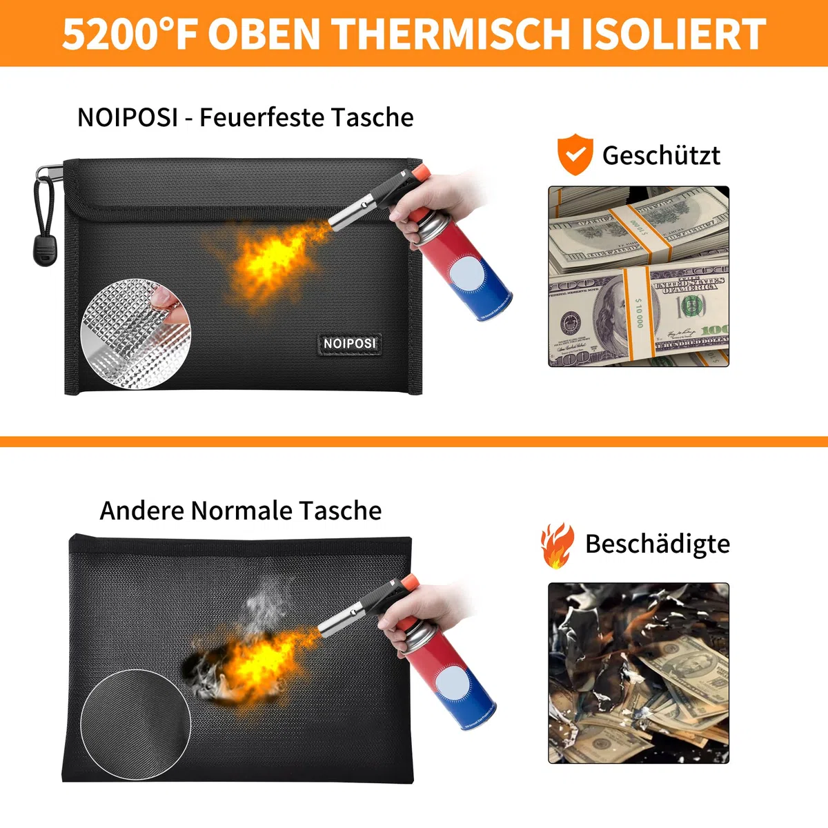 Noiposi 2er Pack Feuerfeste Tasche(21,5x14cm,5200℉), 8-lagige Wärmedämmung Feuerfeste Geldtasche mit Kartenschlitz, Kleine Bargeldbeutel mit Reißverschluss für Bargeld,Quittung,Rechnung,Reisepass