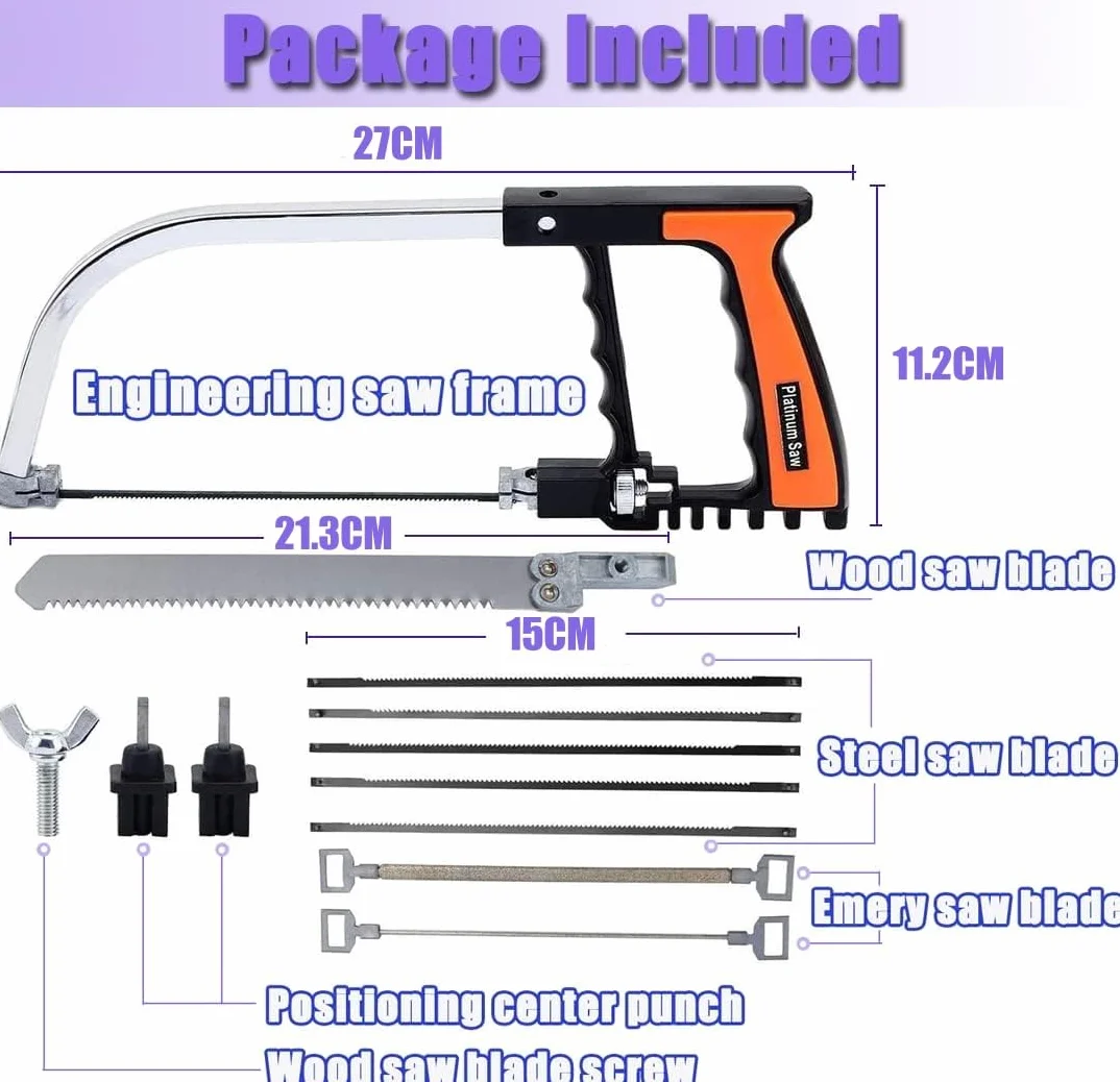 Handsäge Bügelsäge Set, 13-in-1 Multifunktionell Universal Metallsäge Set mit 8 HSS Stahl Sägeblätter und Tragetasche, Metallsägebogen Mini Hand-Sägen zum Schneiden von Metall Glas Fliesen Holz