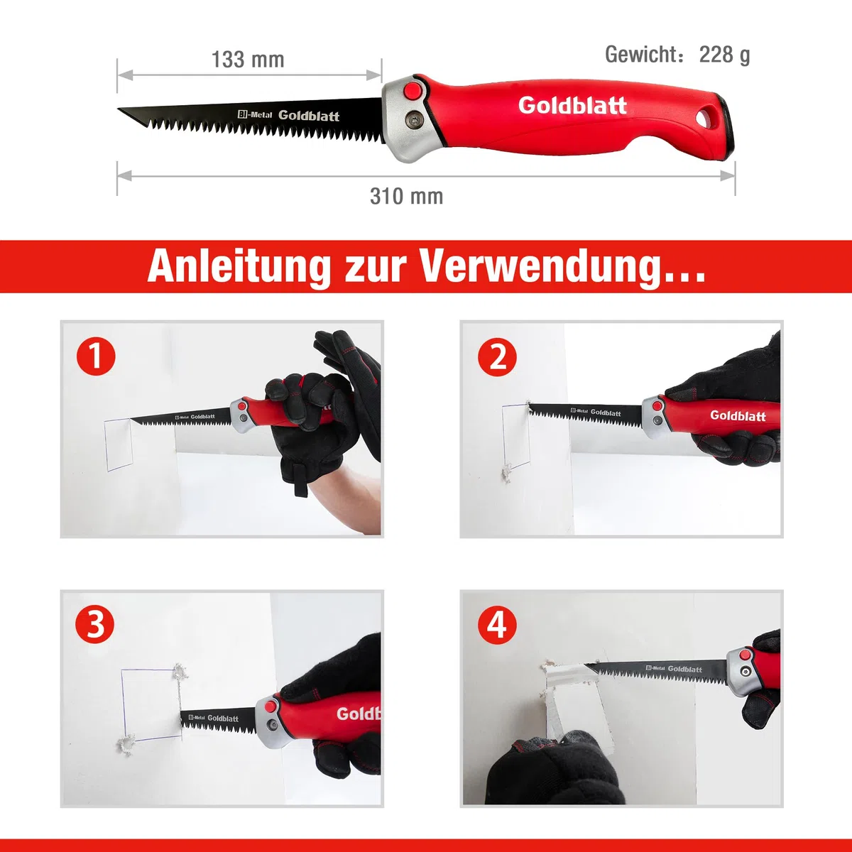 Goldblatt Wandplattensäge, Klappsäge 310 mm, Handsäge, Trockenbausäge Hand-Stichsäge aus BIM-Stahl mit 8 TPI & 3 Schneidkanten, mit Sicherheitsschloss, geeignet für Trockenwand, Sperrholz