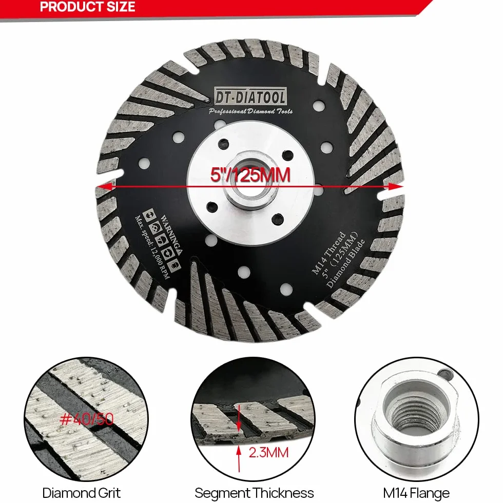 DT-DIATOOL Diamant Trennscheibe 125 mm x M14 Turbo Sägeblatt mit Schutzzähne zum Schneiden Schleifen Granit Marmor Beton Fliesen