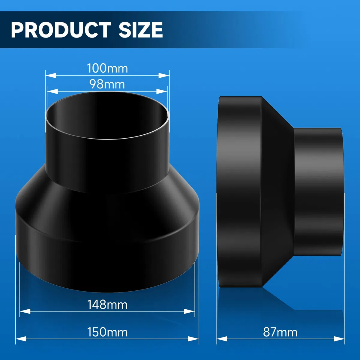 Hon&Guan Runden Rohr Reduzierstück 150mm auf 100mm, Verbstärkt Verzinkter Stahl Reduzierverbinder Abluftschlauch Adapter für Rohrventilator, Dunstabzugshaube, Bad, Klimaanlagen, Grow-Zelt, Schwarz