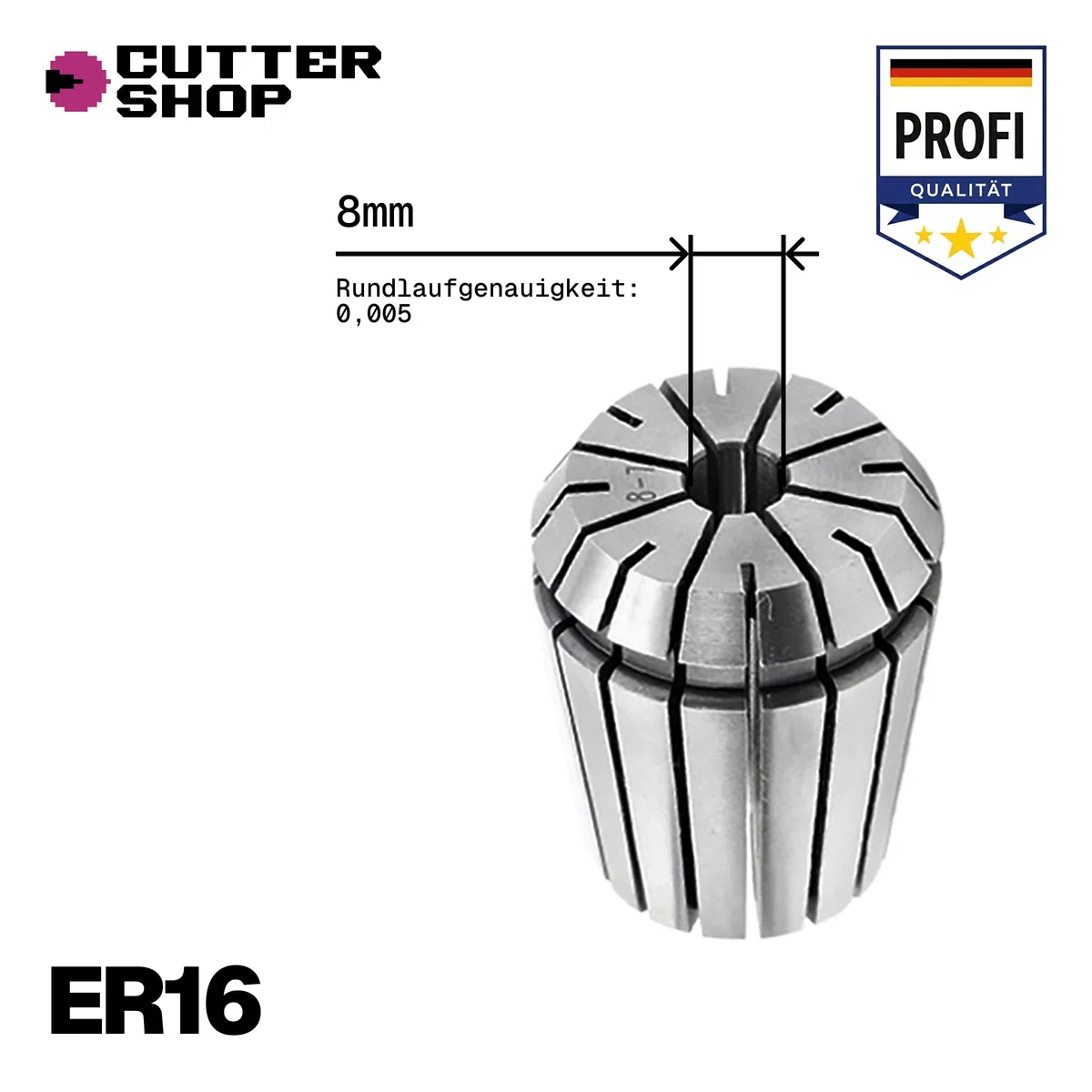 ER16 Spannzange für CNC & Fräsmaschinen – Präzisionsklasse 3A (≤0,005 mm Rundlauf), Federstahl | ER16 – d8 mm