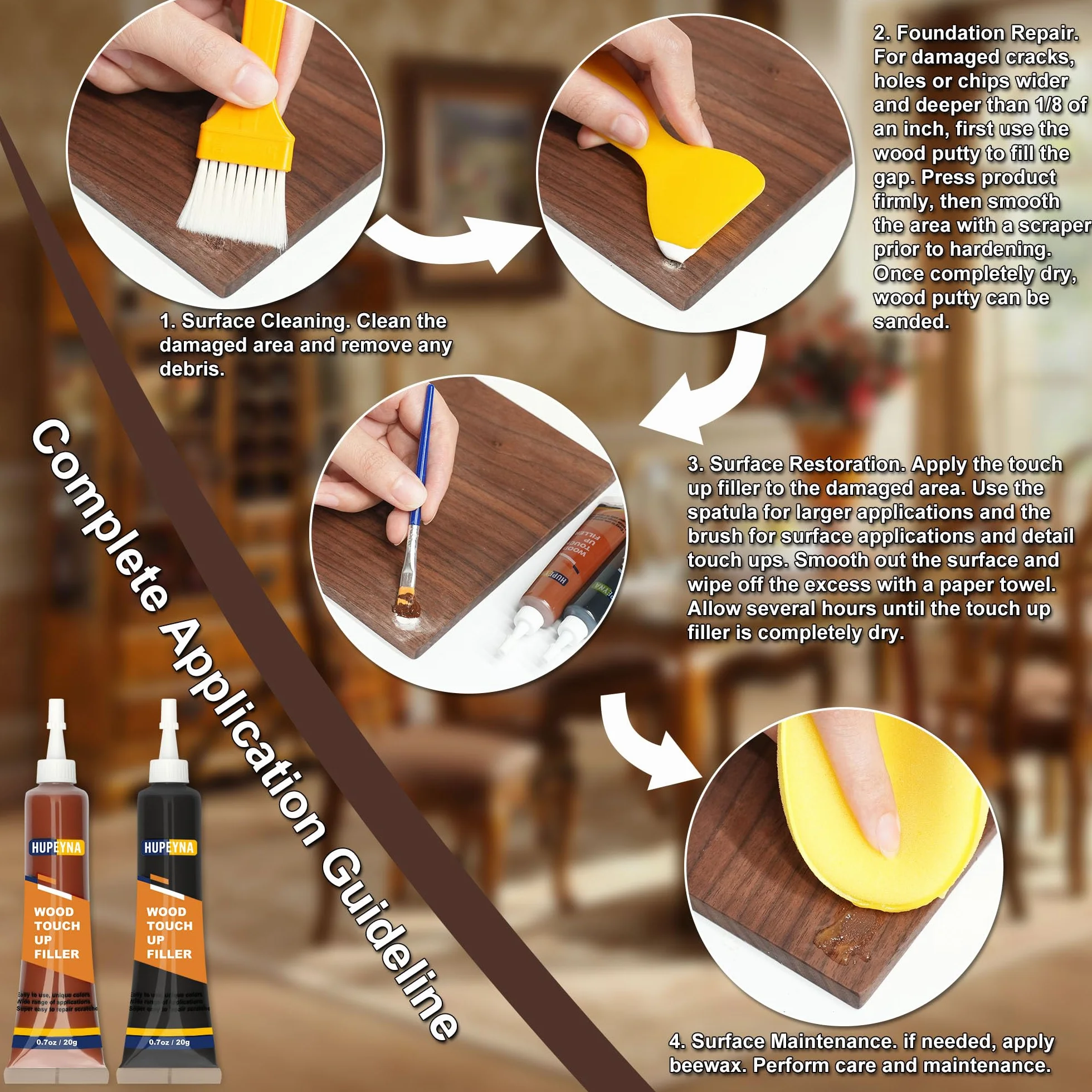 Laminat Holz Parkett Reparaturset, Holzkitt Holzspachtelmasse und Bienenwachs, Möbel Reparatur Set, Reparatur von Kratzer, Risse, Löcher, Verfärbungen für Holzböden, Tisch, Treppen, Tür, Schrank uvm