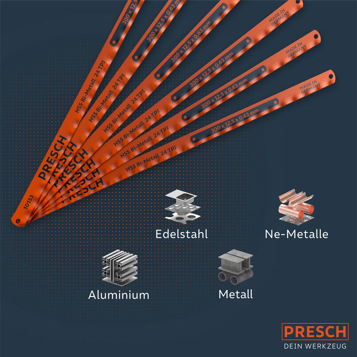 Presch Metallsägeblatt Set 300mm 6 Stk. - Original PUK Sägeblätter für Handsägen - Bi-Metallsägeblatt mit HSS Schneide für NE-Metalle (Kupfer), Edelstähle, Plexiglas, Kunststoffe