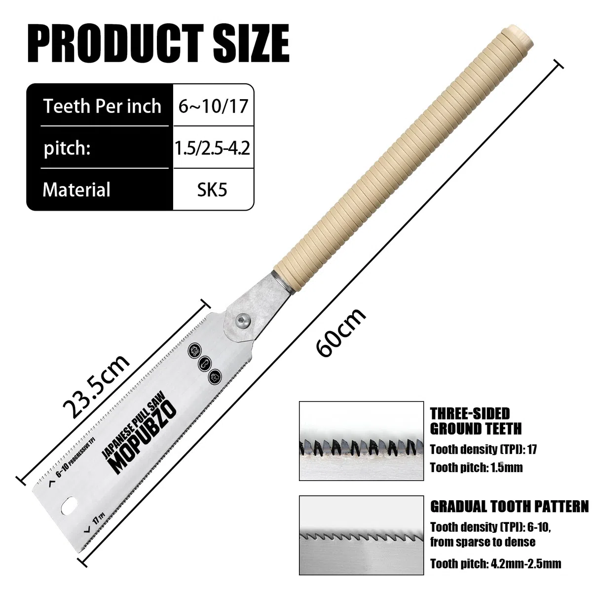 60cm Ryoba Japansäge mit 6-10/17 TPI, Zweischneidig Zugsäge mit traditionellem Rattanholz-Griff, ideal für präzise Schnitte bei Holz, DIY-Projekte & für Querschnitt, Set inkl Wechsel-Sägeblatt