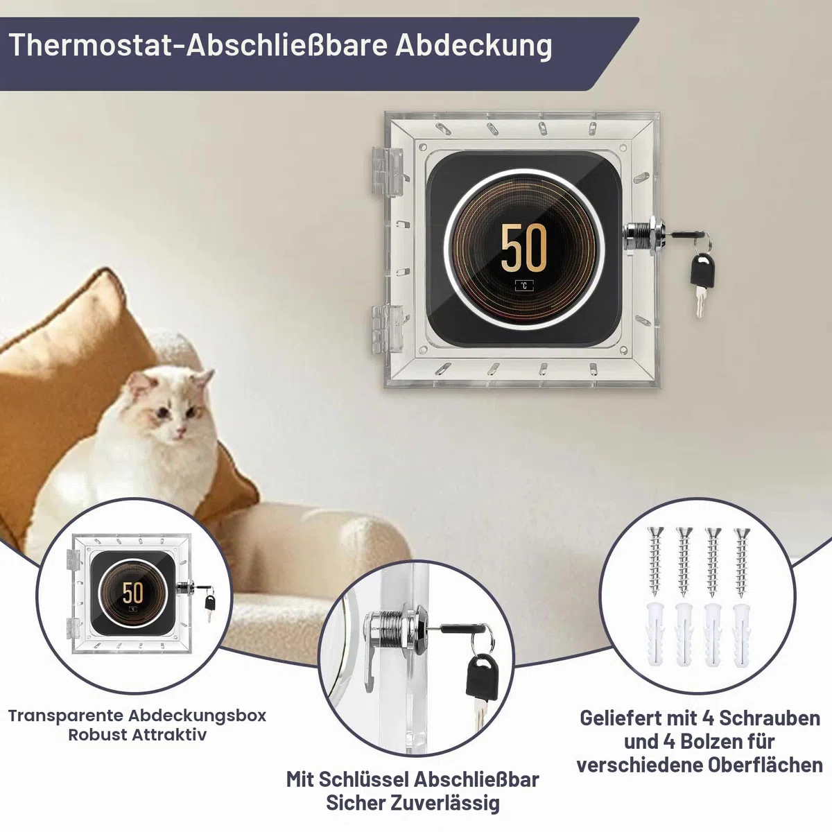 Thermostatschutz, Thermostat Guard mit Schlüssel, 12 * 14.3 * 4.5cm Thermostat Schließkasten Transparenter Thermostat Abdeckung, Acryl Thermostat Schloss, Passend Für Zuhause, Schlafzimmer (1 Stück)