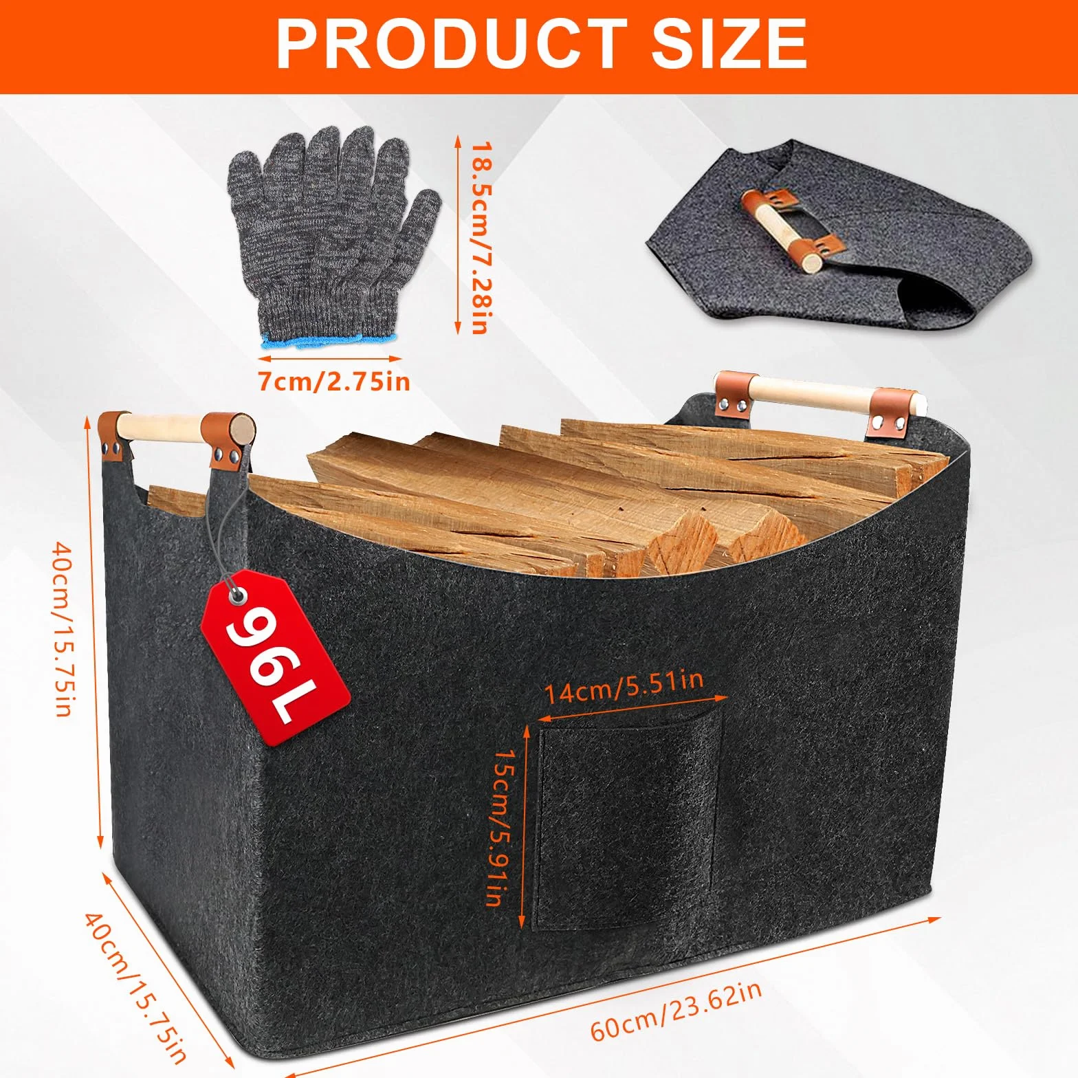 Kaminholzkorb Filz XXL(96L, 60x40x40cm), Holzkorb für Kaminholz Groß, Extra Dicker Filz, Faltbarer Brennholzkorb, Mit Holzgriff und Handschuhen, für Brennholz, Einkäufe (60 * 40 * 40cm)