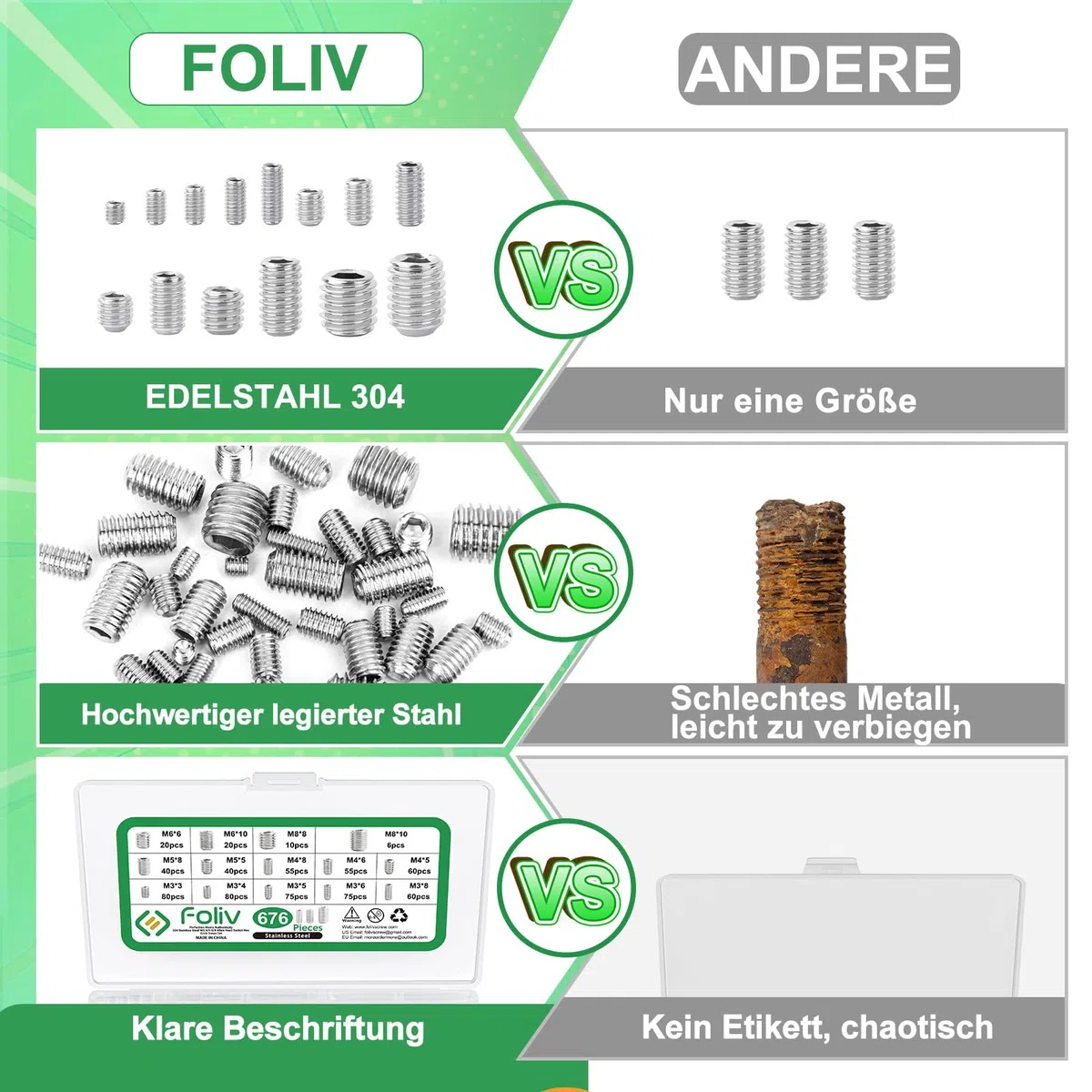 Foliv 676 Stück Madenschrauben Sortiment Set Edelstahl M3 M4 M5 M6 M8 Madenschrauben/Innensechskant Gewindestifte DIN 913,Sechskantkopf Schrauben mit Schraubenschlüssel für Türgriff, Türklinke