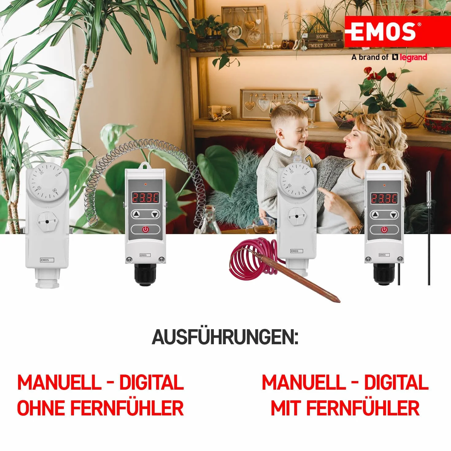 EMOS Thermostat mit Kapillarsensor, analog, Temperaturregler für Heizung, Heizungssysteme, Wasserheizung und Kühlungssysteme, 38 x 54 x 105 mm, Weiß