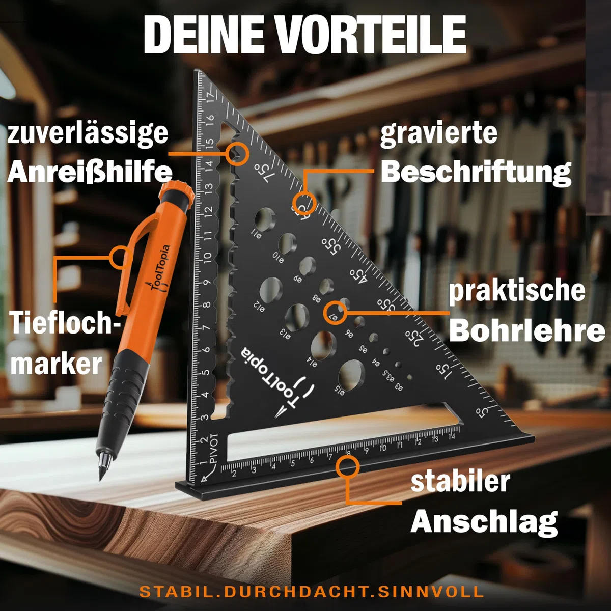 Zimmermannswinkel 180mm – Präzises Anschlagwinkel Set mit Tieflochmarker, Exakter 90 Grad Tischlerwinkel als Werkzeug für Holzbearbeitung, Metall & mehr, Geschenk für Zimmerer, Schreiner & Heimwerker