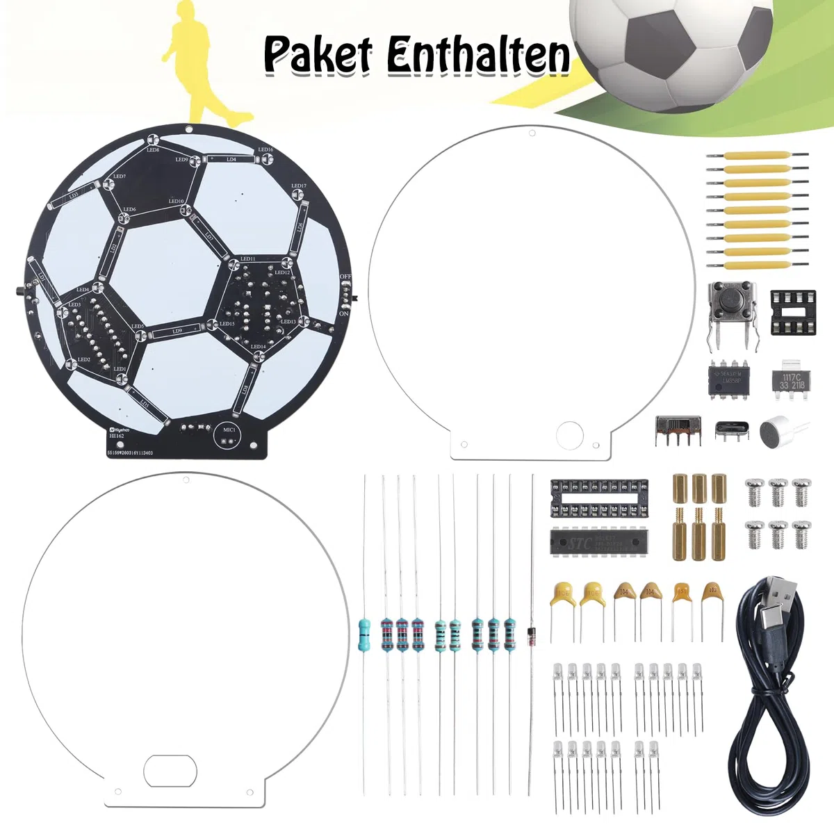 Fußball Lötbausatz LED Lampe, DIY MINT Lernset Elektronik Bausatz für Anfänger & Fußballfans, Soundgesteuertes Licht + 5 Modi im Dauerlicht Lötprojekt, Deko Kreatives Lernset