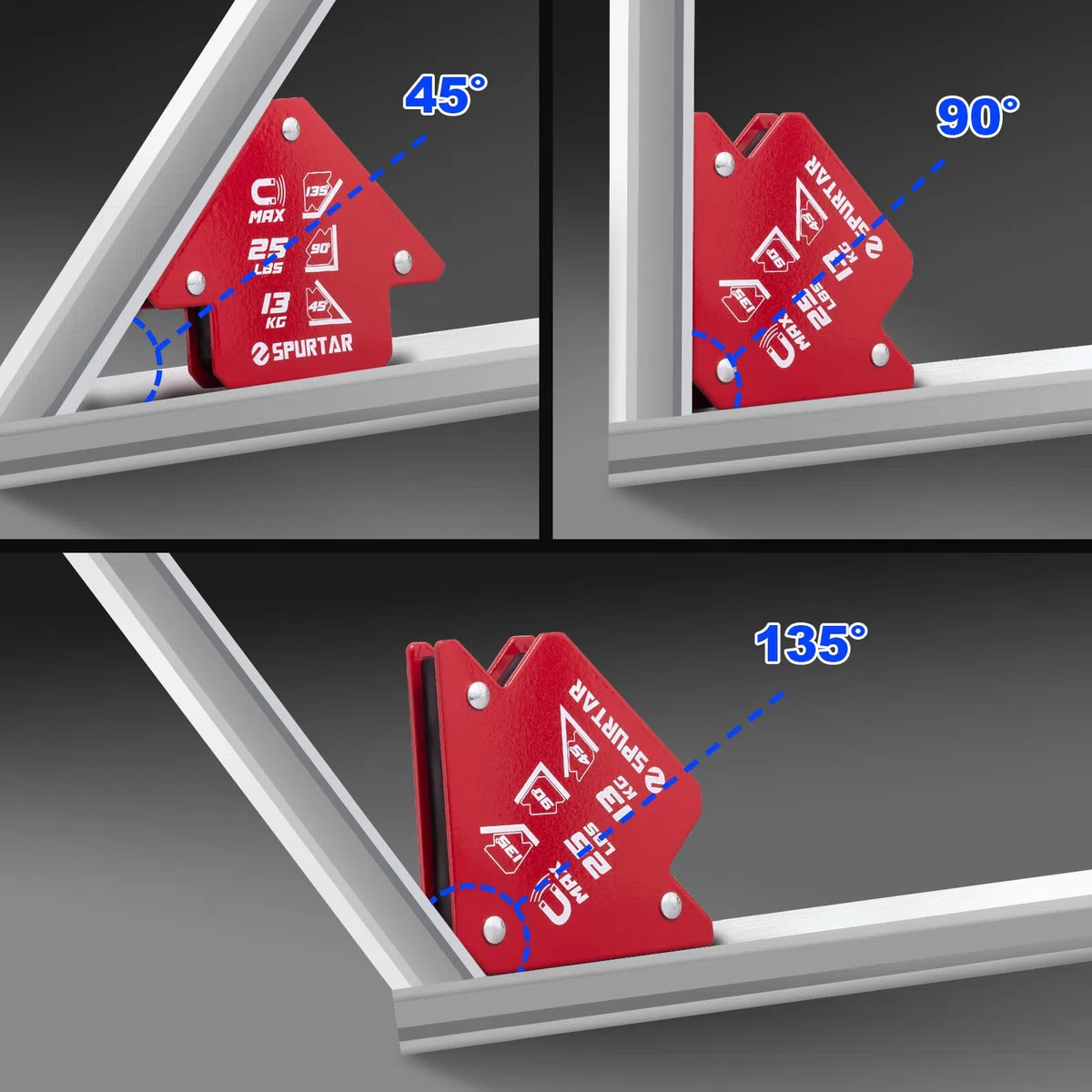 Spurtar 6 Stücke Schweissmagnet Set, 13KG Schweißmagnete und Klemmen, Starker Magnetwinkel Schweißwinkel, Pfeilmagnet, Metallarbeiten, Mig-Werkzeuge und Ausrüstung, 45, 90, 135 180 Grad