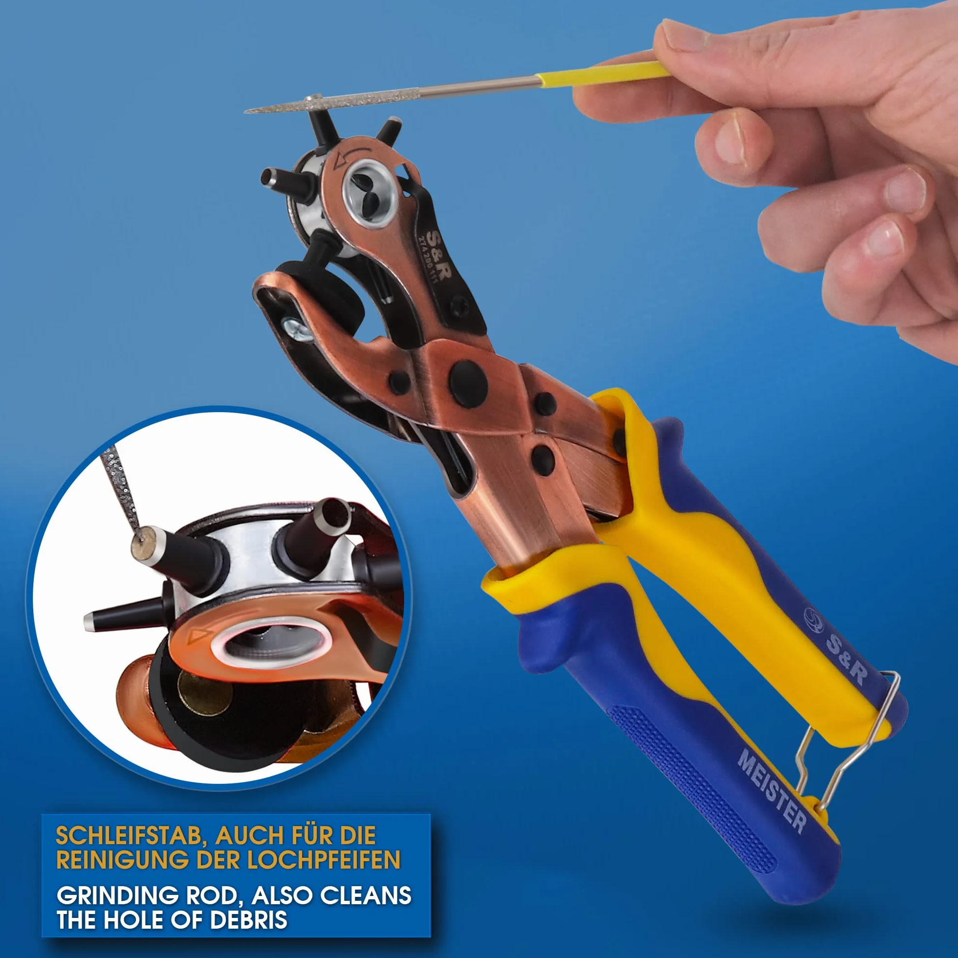 S&R Ergonomische Revolverlochzange aus Kohlenstoffstahl – Präzise Stanzzange mit Rund- und Oval-Locheisen, Größen 2-4,5 mm, für Leder, Gürtel, Schuhe, Sattel, Plastik