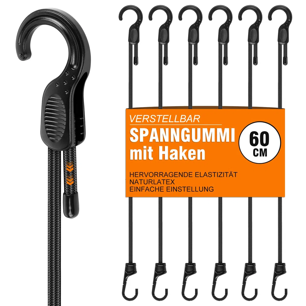 Verstellbar Spanngummi Mit Haken 60 cm, 6 Stück Robuste Expander Mit Haken Gepäckspanner Ladungssicherung für Camping, Sonnensegel, Tarpaulins, Abdeckplane Fahrrad, Auto, Dachträger