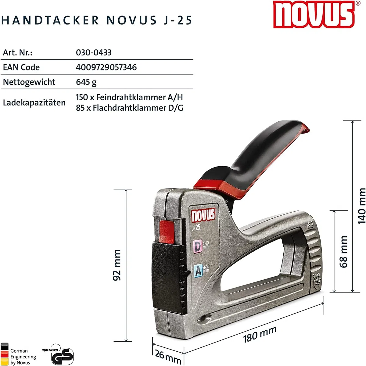 Novus Handtacker J-25, kleiner Profi-Tacker, Metall, Unterlademechanik, Sicherheitsentriegelung, für 4-10 mm Klammern