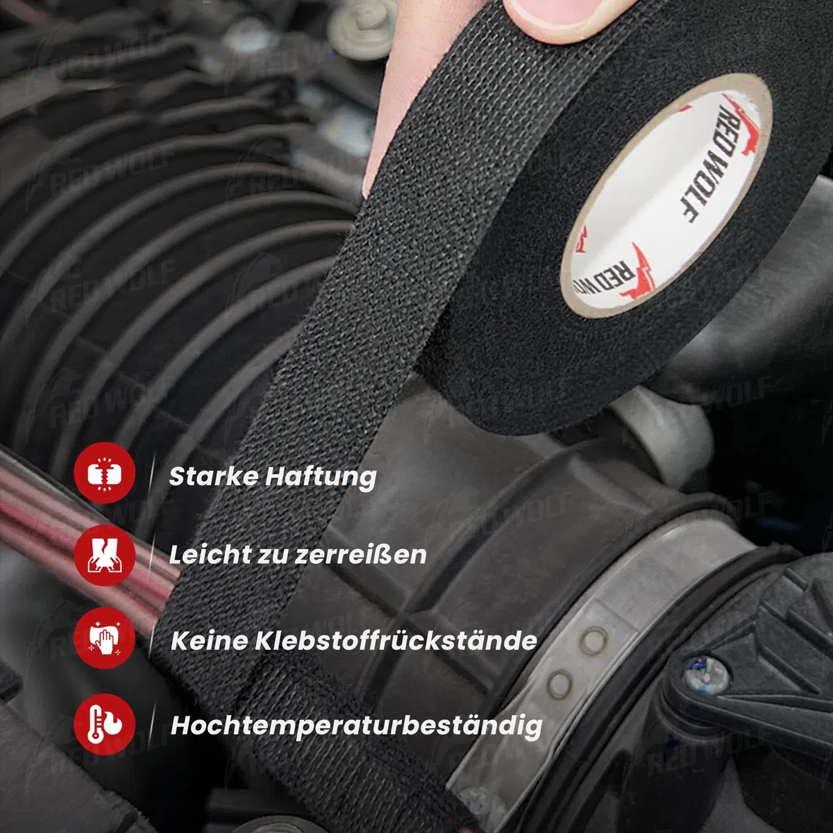RED WOLF Isolierband Hitzebeständig Kfz Gewebeband Auto Kabel Klebeband Elektrische Kabel Stoffband Selbstklebendes Mehrzweckfilzband 15m x 25mm 5 Stück