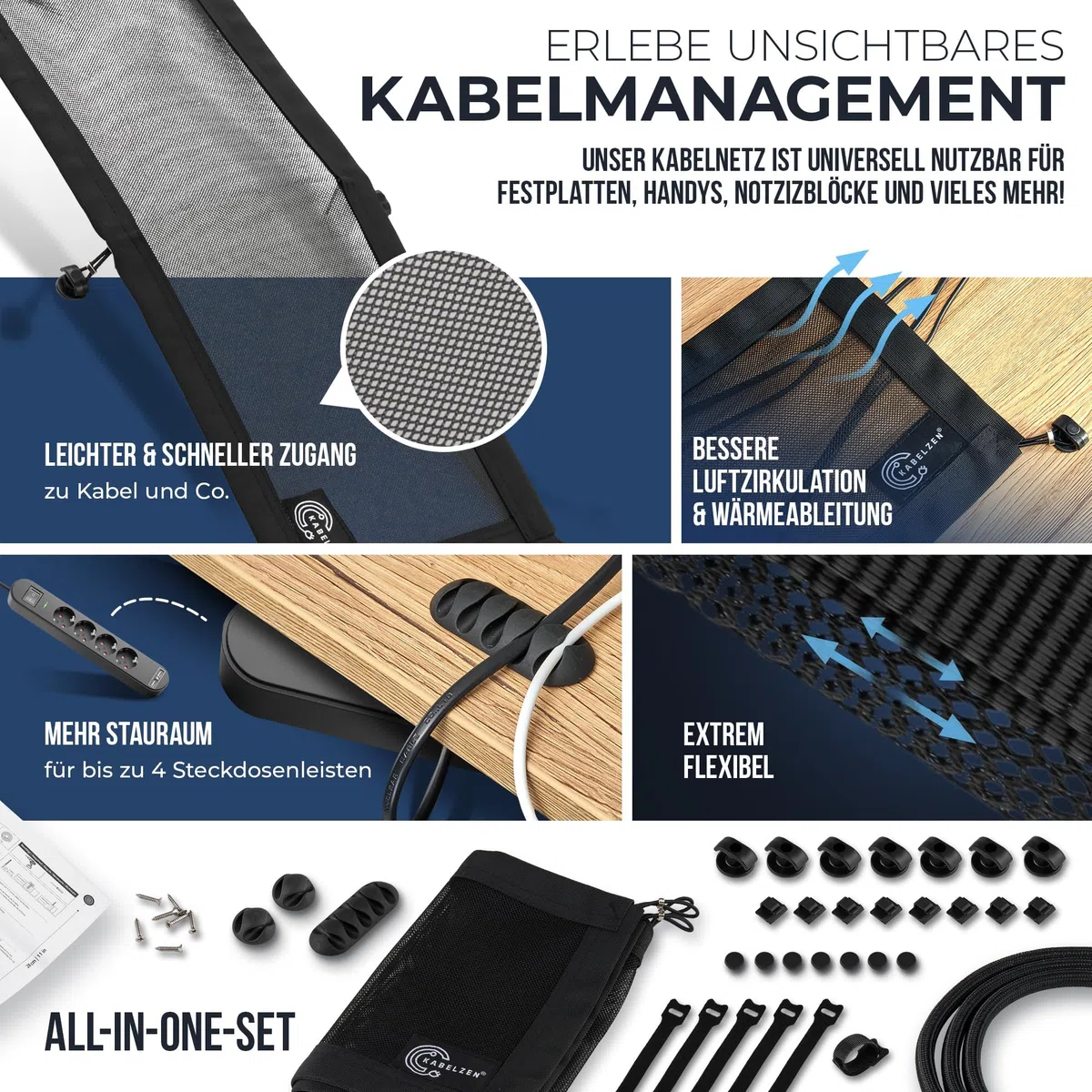 Kabelnetz Schreibtisch für Kabelmanagement, Kabelkanal flexibel - ideal für Kabelorganisation - Kabel verstecken unter dem Tisch, Kabelhalter inkl. Kabelschlauch, schwarz