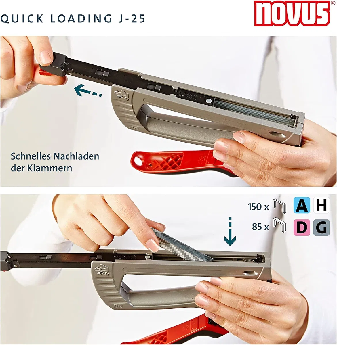 Novus Handtacker J-25, kleiner Profi-Tacker, Metall, Unterlademechanik, Sicherheitsentriegelung, für 4-10 mm Klammern